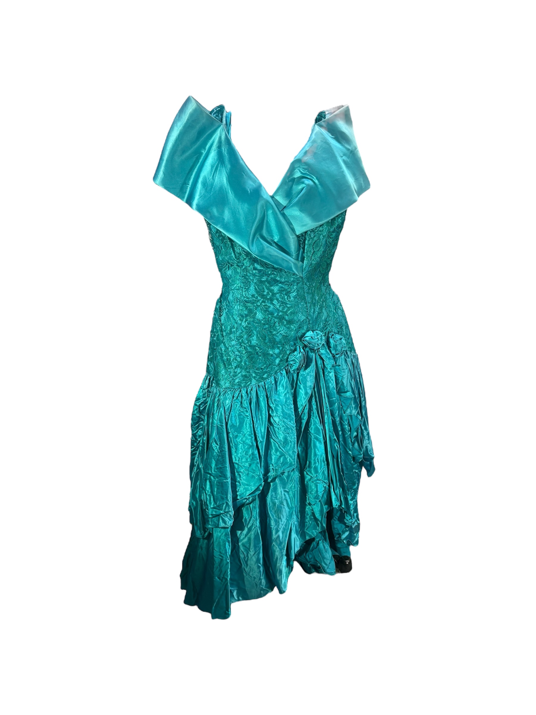 Teal Off Shoulder Satin and Lace Dress -Rental
