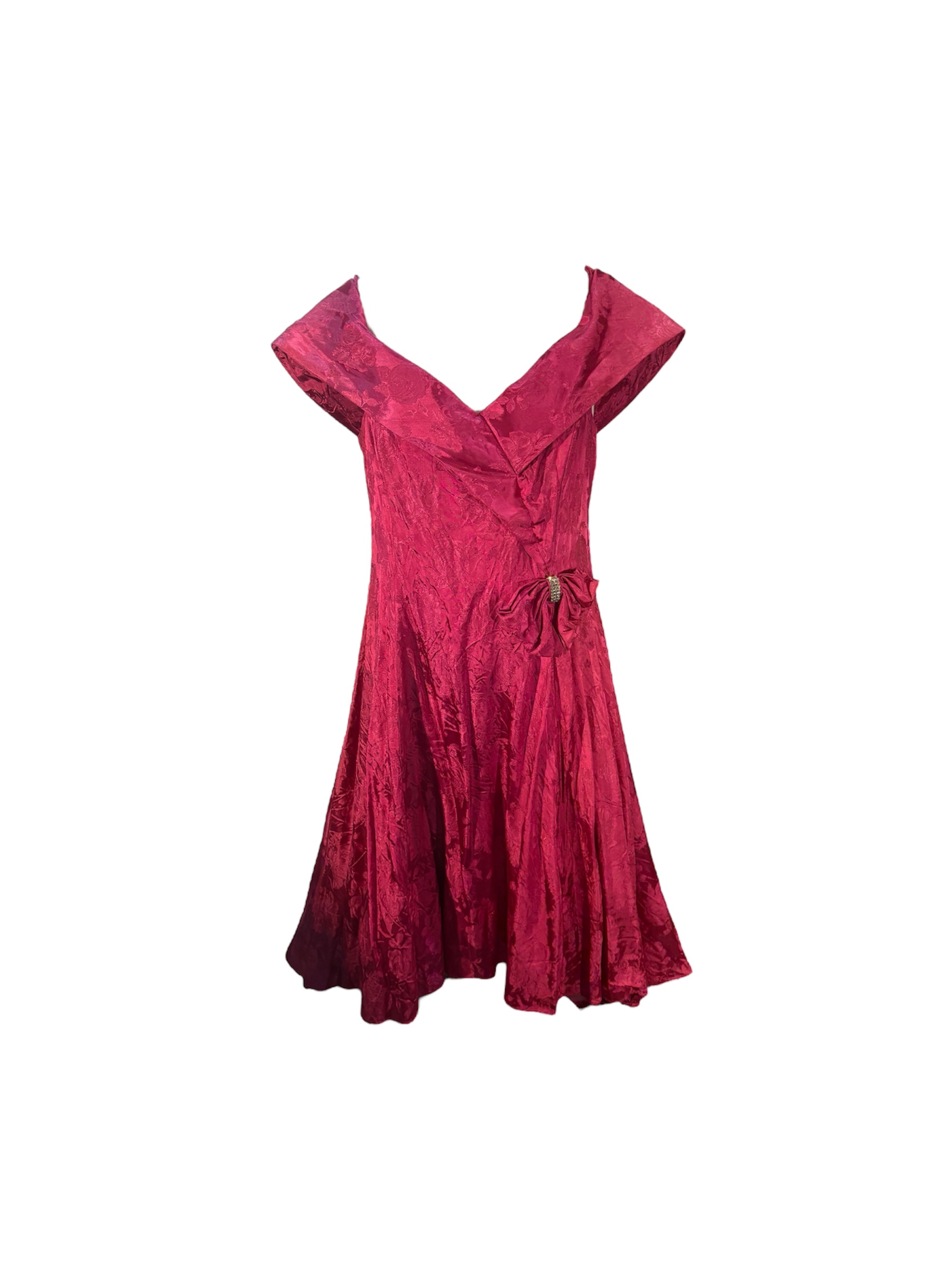 Pink Off Shoulder Flower Print Satin Gown with Bow -Rental