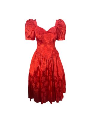 Red Flower Print Satin Gown with Bow -Rental
