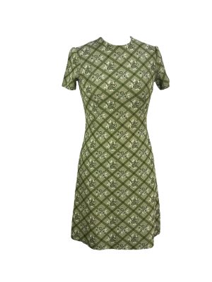 Short Sleeve Green Flower and Check Print Dress -Rental