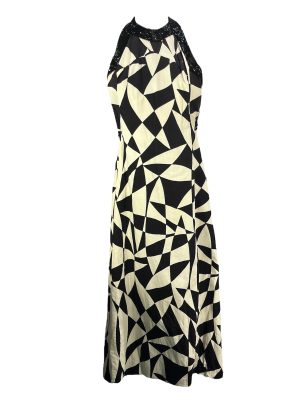 Black & White Beaded Neckline Halter Dress