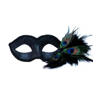 Black Glitter Mask with Peacock Feathers