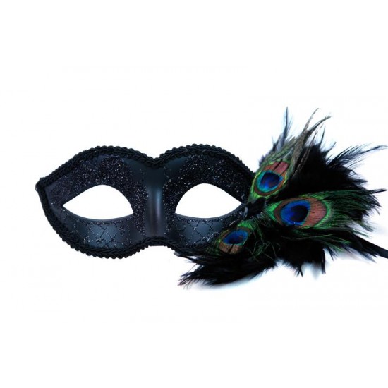 Black Glitter Mask with Peacock Feathers
