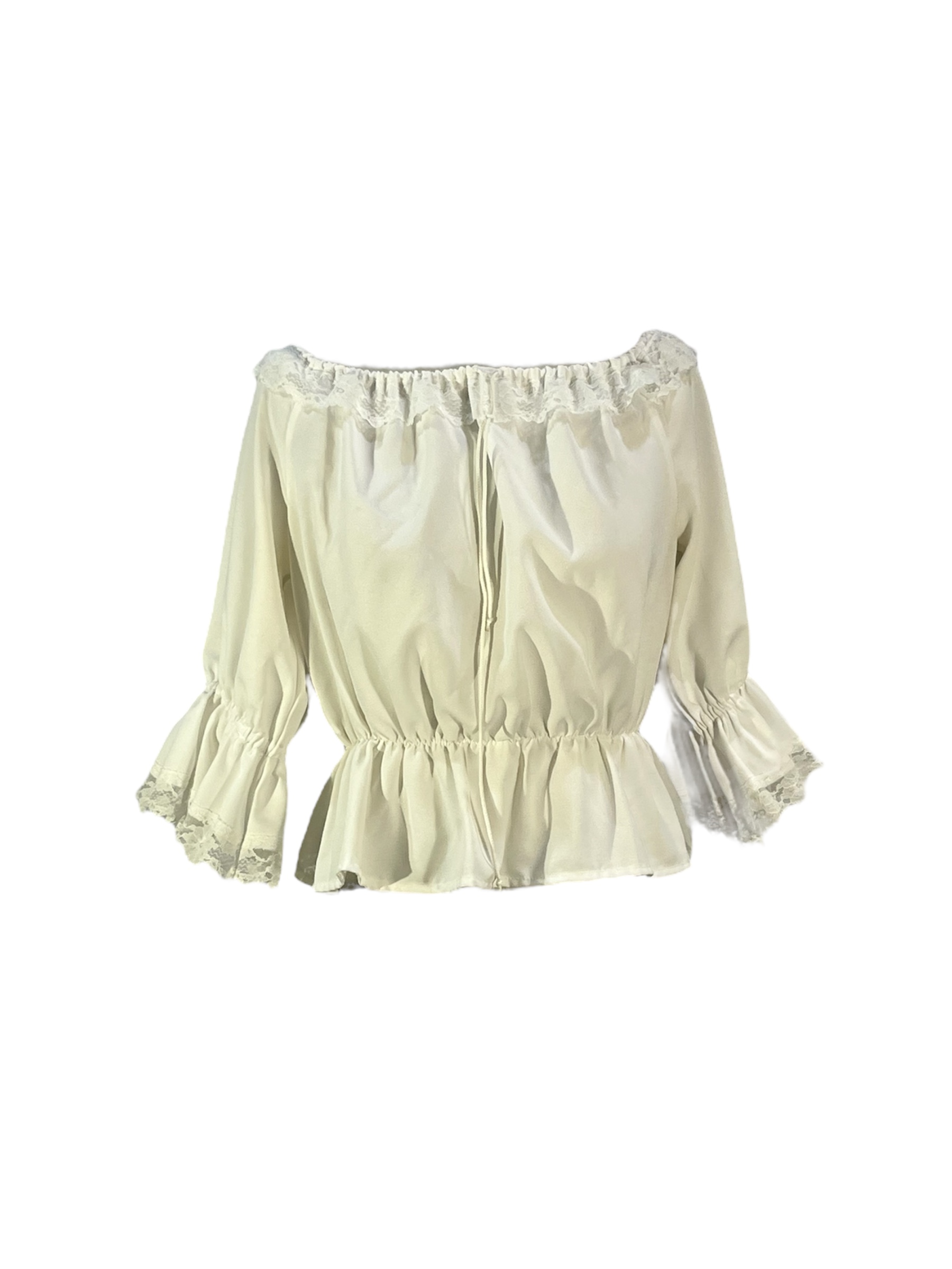 White Gathered Blouse with Lace Trim -Rental